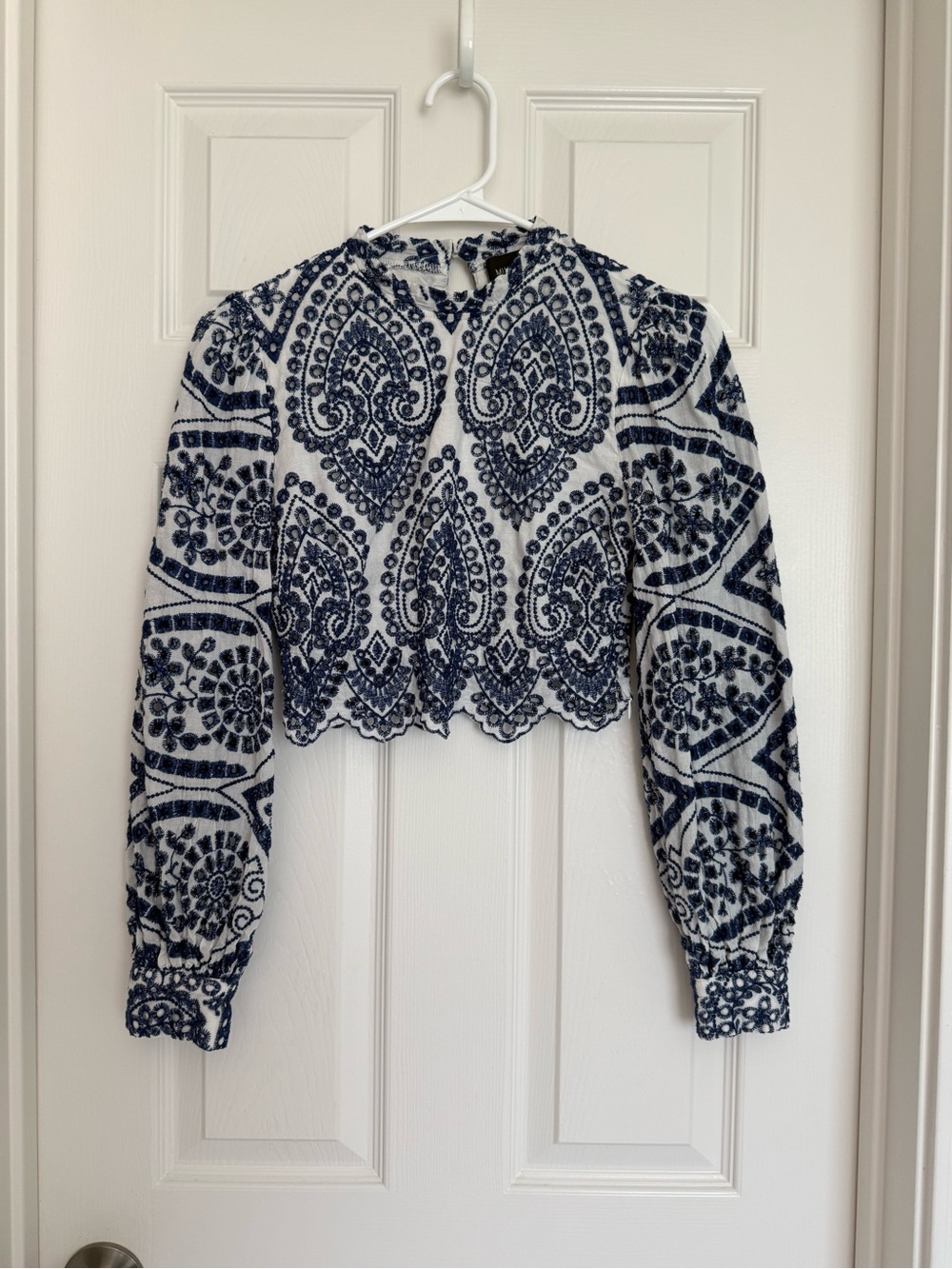 MINKPINK Navy & White Embroidered Paisley Crop Top